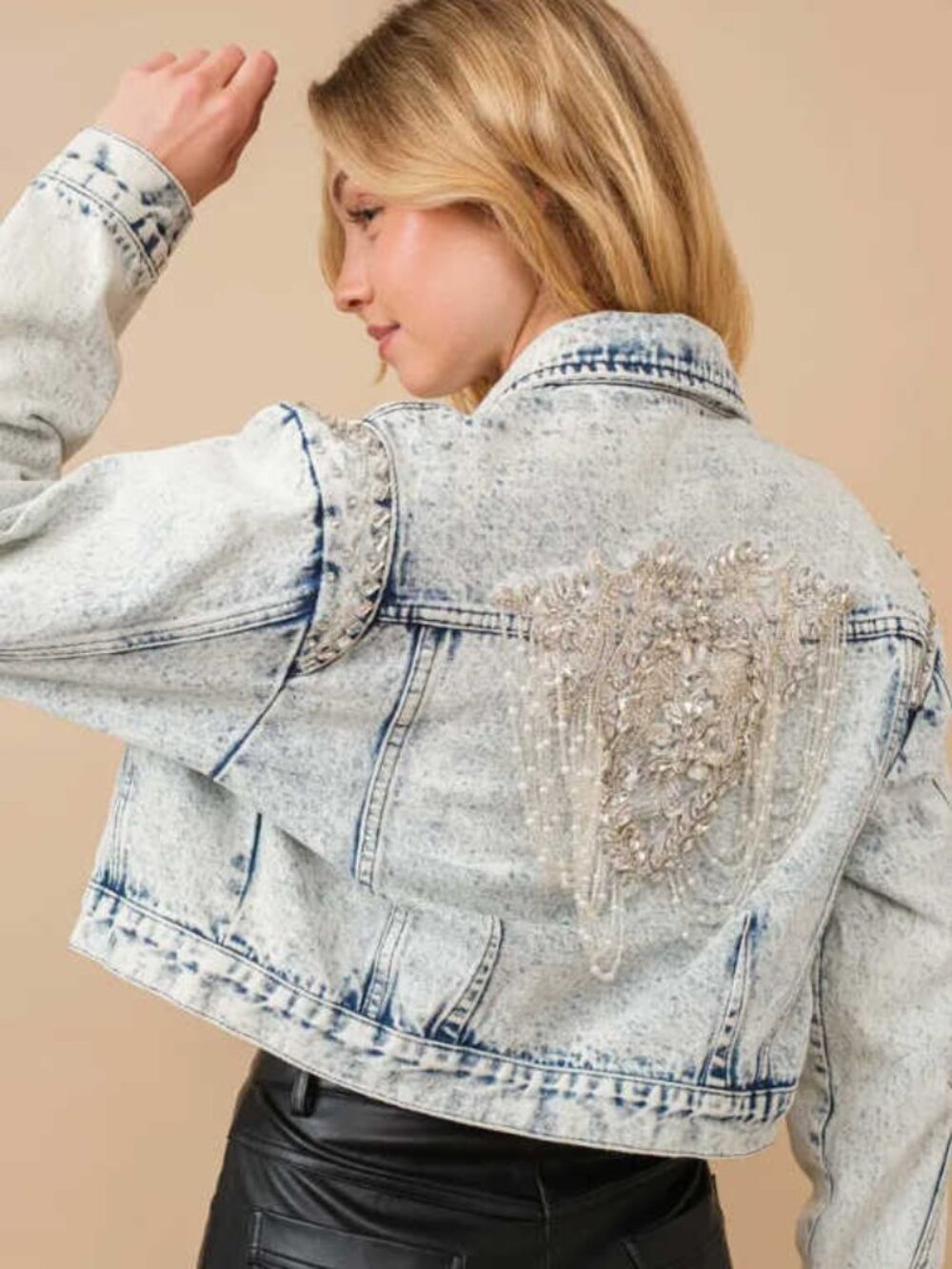 Acid Wash Cropped Beaded Denim Jacket